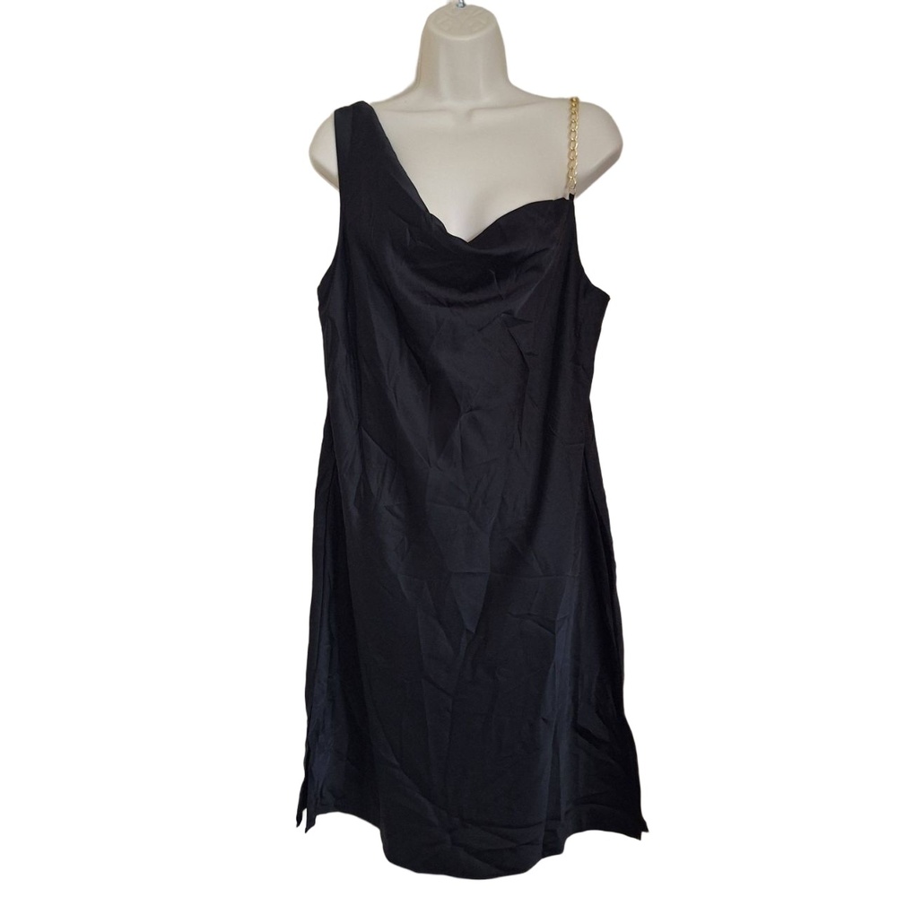 And Now This Black One Shoulder Cowl Neck Gold Chain Asymmetrical Satin Dress - Picture 2 of 12